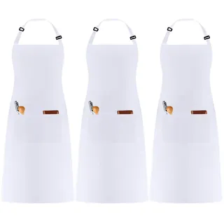 umboom 3 Stücke Weiß Kochschürze, Verstellbare Küchenschürze mit 3 Taschen für Herren Frauen, Gastronomie Arbeits Schürze für Kellner Chef Friseur Barista Backen Bar (Polybaumwolle - Weiß)