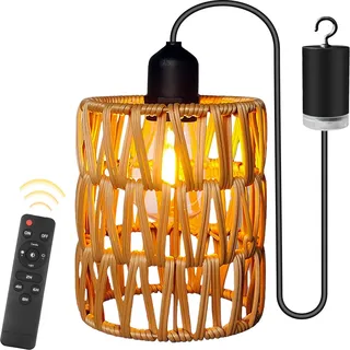 Rattan Hängelampe mit Fernbedienung Außen Innen Hängeleuchte Boho Batteriebetriebene Lampe Hängeleuchte Ohne Stromanschluss Tragbare Korb Lampenschirm Pendelleuchte für Innen Außen Garten