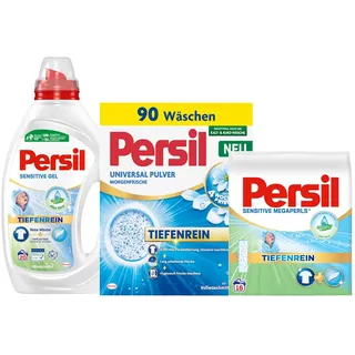 PERSIL Universal Pulver Morgenfrische 90 WL 4,95 kg + Megaperls Sensitive 16 WL 1,04 kg + Kraft-Gel Sensitive 20 WL 900 ml – Schonendes Waschmittel Set für empfindliche Wäsche