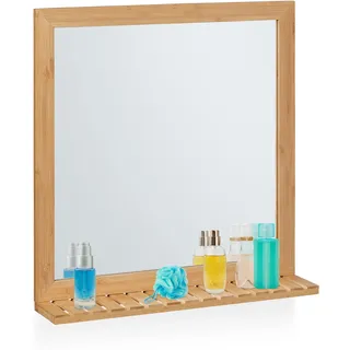 Relaxdays Wandspiegel mit Ablage, Bambus Rahmen, HBT 61,5x60x12 cm, Hängespiegel Badezimmer, Garderobe & Gäste-WC, Natur