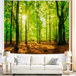 Lirzxin Wandteppich Natur Wald, Wandbehang Grün Braun Sonnenschein Wald Landschaft Tapestry Wandteppiche für Wohnzimmer Schlafzimmer Picknickdecke Teppich Yogamatte Wanddeko, 240x220CM