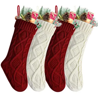 Kunyida Goege Bailey Einzigartige Weihnachtsstrümpfe, gestrickt, 35,6 cm, Burgunderrot/Elfenbeinweiß, 2/4 Stück, Textil, Style2 Red and White, Length 14" Pack of 4