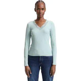 Langarmshirt TOM TAILOR DENIM, Damen, Gr. M, silber cloud blau, Rippware, Obermaterial: 93% Baumwolle, 7% Elasthan, unifarben, hüftbedeckend, V-Ausschnitt, Shirts Langarmshirt, V-Ausschnitt mit Spitze