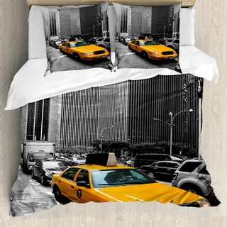 ABAKUHAUS Stadt Bettbezug, New York Manhattan Straße, Milbensicher Allergiker geeignet mit Kissenbezügen, 200 cm x 200 cm - 80 x 80 cm, Marigold Grau Schwarz