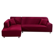 Bild Sofa Überwürfe elastische Stretch Sofa Bezug 2er Set 3 Sitzer für L Form Sofa inkl. 2 Stücke Kissenbezug (Weinrot)