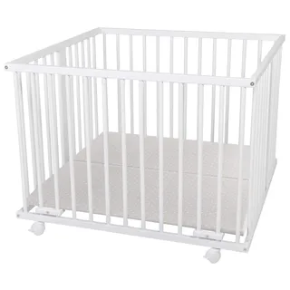 Waldin Laufstall Baby Buchenholz Massiv Höhenverstellbar 100x100 cm | Zertifiziert nach EN 12227 mit 4 Rollen mit Bremse 3 Herausnehmbare Sprossen Holz Natur oder Weiß Lackiert