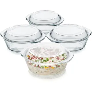 KHG Auflaufformen Glas mit Deckel 4er-Set 2 L, vielseitig einsetzbar | Rund für kalte & warme Speisen, spülmaschinenfest, mikrowellengeeignet, Glasbräter Glasform Backform, 26x11x23 cm