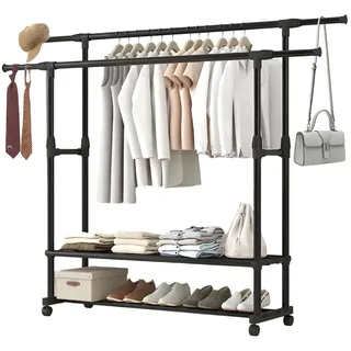 Forhandy Freistehender Doppelruten Kleiderbügel, 150*150*75cm Ausziehbar Kleiderständer auf Rollen Multifunktionaler Metall Kleiderständer mit 2 Lagen Staufächer für Mäntel, Taschen, Schuhe, Stiefel