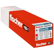 fischer PowerFull II 10,0 x 320, Premium Vollgewindeschraube (25 Stk.) mit innovativer Spitzengeometrie, Stahlschraube für tragende Holzkonstruktionen mit Zylinderkopf, vermindert Spaltrisiko