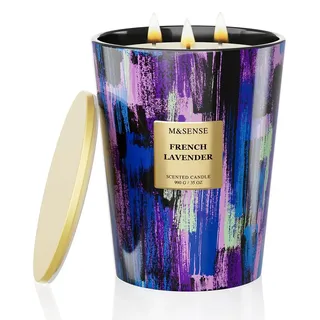 M&SENSE Große Duftkerze im Glas, Lavendel Scented Candle, 150 Stunden Brenndauer mit 3 Dochten, XXL-Kerze aus 990g Sojawachs zur Entspannung, Geschenk für Frauen, Weihnachten, Geburtstag, Muttertag