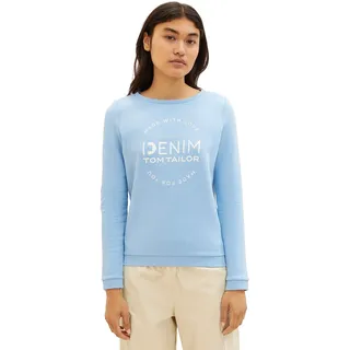 TOM TAILOR Denim Damen 1039817 Sweater mit Logo-Print & Raffarm, 11139-Soft Charming Blue, M