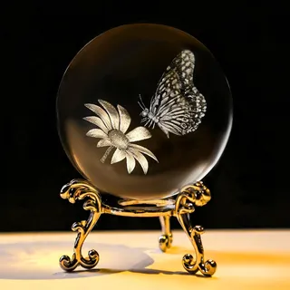 60mm 3D lasergraviert Schmetterling Kristallkugel Briefbeschwerer Ständer | Schmetterling Sonnenblume Glaskugel Dekorative Tier Figur Glaskugel Sammlerstück Briefbeschwerer Butterfly Crystal Ball Deko