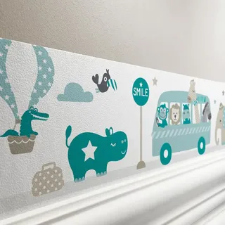 lovely label Bordüre selbstklebend TIERE ON TOUR MINT TAUPE - Wandbordüre Kinderzimmer Babyzimmer mit Elefant im Auto - Wandtattoo Schlafzimmer Mädchen & Junge – Wanddeko Baby Kinder