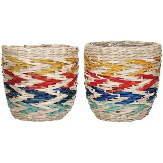 KitchenCraft 2er Set Seegras Pflanzenkörbe, 2 Pflanzenkübel für Hauspflanzen, gewebte Pflanzentöpfe mit Regenbogen/Streifendesign, 11 x 11 x 11cm