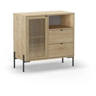 Calicosy Kleines Sideboard 1 Tür, 1 Fach und 2 Schubladen B80 cm - Inca , Braun , Holz , Grafikmuster , 40x80.5x84 cm , Kleinmöbel, Kommoden, Sideboards