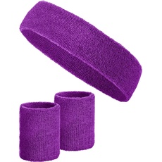 3-teiliges Schweißband-Set mit 2X Schweißbändern für die Handgelenke + 1x Stirnband für Damen & Herren (Lila)