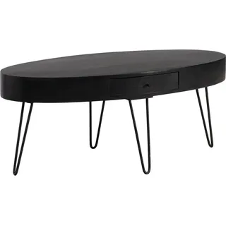 FineBuy Couchtisch 100cm oval Massivholz schwarz Wohnzimmertisch Schublade Industrial