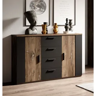 Kommode Sideboard Sigma 132cm Flagstaf Eiche dunkel - silber App. / schwarz - Braun, Schwarz, Silber