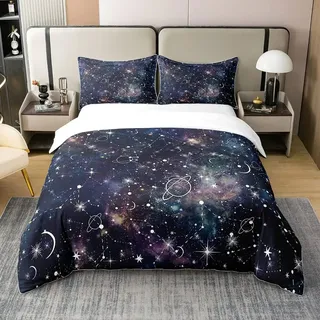 Bettwäsche, 240 x 260 cm, 100 % Bio-Baumwolle, Sternenhimmel, Bettwäsche-Set, Bettbezug Galaxie Sonne Mond, Bettbezug das Universum, Violett, für Kinder, Jungen, Mädchen