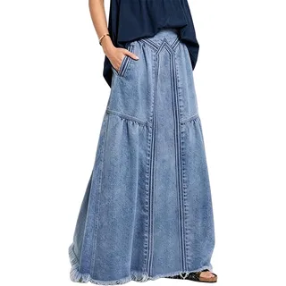 Bossy Damen Lässiger Maxi-Jeansrock mit elastischer Taille und ausgefranstem Saum, A-Linie, Used-Look - Blau - X-Groß