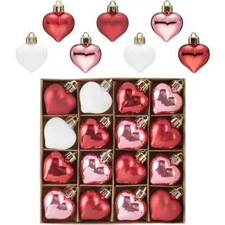 Valery Madelyn 16pcs Weihnachtskugeln 4cm Rot Rosa Weiß mini Kunststoff Christbaumkugeln mit Aufhänger,Herz Baumschmuck Anhänger für Weihnachtsdeko,Valentinstag deko
