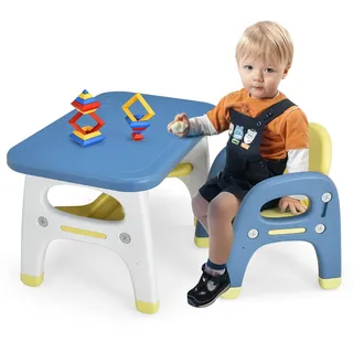 FANTASK Kindertisch mit Stuhl, Blau Kindersitzgruppe mit Dinosaurierdesign, Maltisch Basteltisch mit Bauklötze & Ablage, Kinder Tisch Stuhl Set für Kinder über 3 Jahren