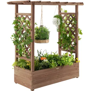 COSTWAY Hochbeet mit Rankhilfe, Rankgitter & hängendem Dach, Pflanzkasten, Blumenkasten Pflanzgefäß für Kletterpflanzen, hängende Körbe Braun - Braun
