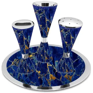 Zion Judaica Elegantes Ende des Shabbat Havdalah-Set, moderner Stil, vernickelt, Blauer Marmor-Aufkleber, mit Fuß, Kiddush-Tasse, Kelch, Tablett, Besamim-Gewürzbox, Shabbos-Dekoration