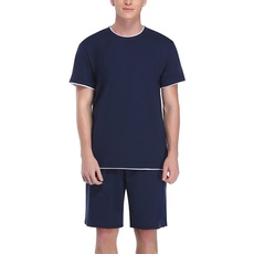 Doaraha Schlafanzug Herren Kurz Set Pyjama 100% Baumwolle Zweiteilige Nachtwäsche Einfarbig Sommer Sleepwear Hausanzug für Männer (4-Einfarbig-Dunkelblau, M)