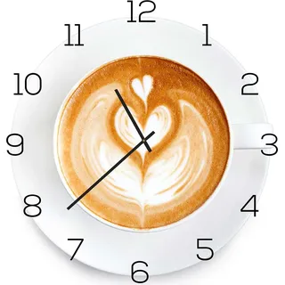 Wanduhr aus Glas 30x30cm Uhr als Glasbild Küche Cappuccino Coffee Deko