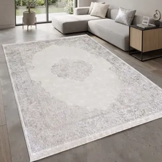 Teppich SEHRAZAT "Venus 6908", weiß (grau, creme), B:160cm H:11mm L:230cm, Obermaterial: 60% Polyester, 40% Polypropylen, Teppiche, Teppich, Kurzflor, Orient Vintage Optik, mit Fransen, Wohnzimmer