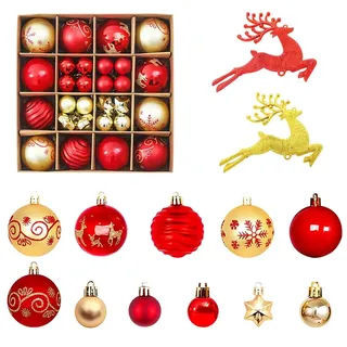 Weihnachtsbaumkugeln Rot Gold, CJBIN 46 Stück Weihnachtsbaum Kugeln, Christbaumkugeln Kunststoff, Weihnachtsbaumkugeln Plastik Set mit Hirschanhänger, Baumkugeln Weihnachten für Weihnachtsbaum Deko