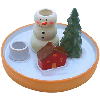 Kerzenhalter, Kerzenteller, Kerzenständer, Dekoteller, Stabkerzenhalter, Kerzenhalter-Weihnachten, Keramikteller mit Schneemann, Tannenbaum und Häusern aus Steingut, Bunt, L/B/H: 17 x 17 x 9cm.