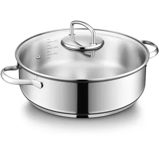 BEZIA Schmorpfanne 28 cm hoher Rand, 5,2L Schmortopf mit Deckel, 18/10 Edelstahlpfanne Unbeschichtet, Nietfrei mit Mengenanzeige, Pfanne für alle Herdarten, Servierpfanne geschmackserhaltend