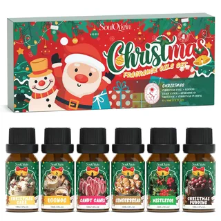 SoulOrigin Weihnachts ätherische Öle Set, Duftöl Set für Öl Diffusoren, Duftöle Kerze zu Hause 6x10ml-Eggnog, Weihnachtskuchen, Ingeberbrot, Mistel, Süßigkeitsstöcke und Weihnachtspudding