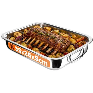 KADAX Bratenform mir Rost "Motte", Bratpfanne aus Edelstahl, mit Einsatz, Auflaufformen, 35 cm, Silber