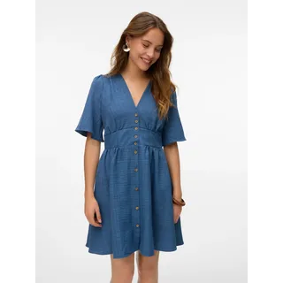 Minikleid VERO MODA "VMMELANEY 2/4 SHORT DRESS WVN NOOS", Damen, Gr. XS, N-Gr, blau (schwarz denim detail:melange), Web, Obermaterial: 100% Polyester, meliert, kurz, V-Ausschnitt, Kleider Minikleid, Sommerkleid, Kunsfaser, taillierte Form