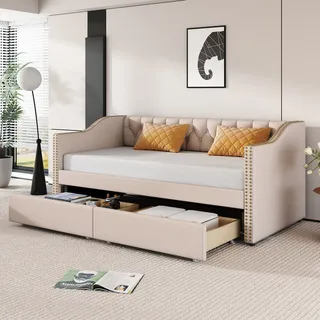 Schlafsofa, Einzelsofa mit Bettfunktion, 90x200 cm, Polsterbett inkl. Lattenrost und 2 Schubladen, Einzelbett, Jugendbett aus Holz, Bezug aus Leinen - Beige