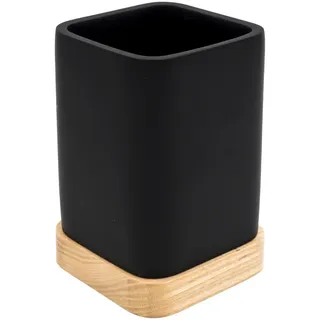 Sadena Zahnputzbecher , Naturfarben, Schwarz , Holz, Kunststoff , Bambus , 6.9x10x6.9 cm , Badaccessoires, Zahnputzbecher