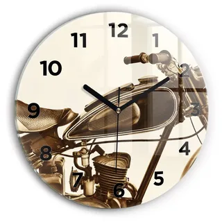 Wallfluent Wanduhr – Stilles Quarzuhrwerk - Uhr Dekoration Wohnzimmer Schlafzimmer Küche - Zifferblatt - schwarze Zeiger - 30 cm - Sepia-Motorrad Vintage - Braun