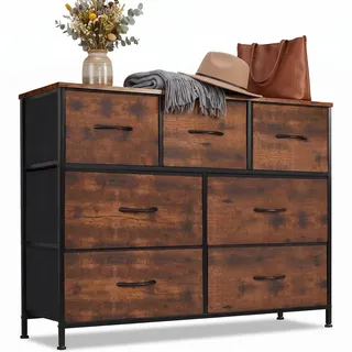 DUMOS Kommode mit Schubladen - Kommoden & Sideboards für Schlafzimmer Geeignet, Komodenschrank mit 7 Schubladen, Stoffkommode mit Stahlrahmen, Schrank Klein, Ideal für Flur, Wohnzimmer (Vintagebraun)