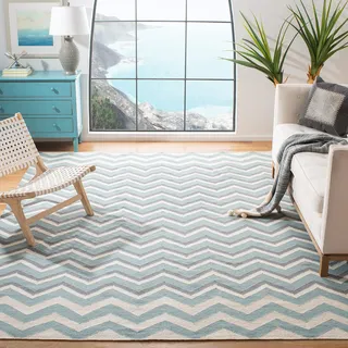 SAFAVIEH Zeitgenössische Teppich für Wohnzimmer, Esszimmer, Schlafzimmer - Dhurrie Collection, Kurzer Flor, Blau und weiß, 91 X 152 cm