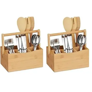 Relaxdays Besteckhalter Bambus, 4 Fächer, Henkel, Küchenutensilienhalter, Tischbutler für Besteck & Servietten, natur, 1 Stück (Packung mit 2)