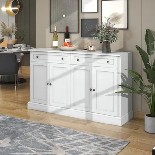 okwish Großes Sideboard Kommode Standschrank mit 4 Türen und 2 Schubladen, moderner Buffetschrank für Esszimmer und Wohnzimmer, 150 x 40 x 86 cm (L/B/H) Weiß - Weiß