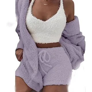 DIVAND Damen Casual 3-Teiliges Set Fluffy Plüsch Pyjama Langarm Samt Kapuzenjacke Mantel + Shorts + Crop Top Mode Winter Warm Halten Trainingsanzug