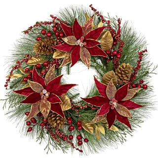 Arborus Dekor Ganzjährig 60 cm Kranz Haustür Rot Kranz Tannenkranz Künstlich mit Weihnachtssterne Künstlicher Adventskranz Tür Tisch Wand Wohnung Büro Zuhause