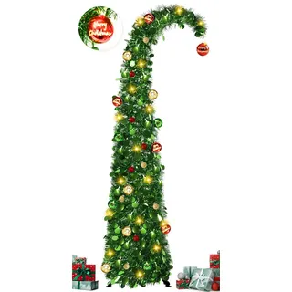 Weihnachtsbaum 150 cm Dunkelgrün mit 15 Kugellichtern & Ornamenten, Faltbarer künstlicher Weihnachtsbaum Pop Up Weihnachtsbaum mit Beleuchtung, Glitzernder Christbaum für Innen & Außen Weihnachtsdeko