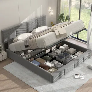 Merax Hydraulisches Boxspringbett 180x200cm mit höhenverstellbarem Kopfteil, Lattenrost und Stauraum, Polsterbett Stauraumbett Funktionsbett Doppelbett aus Samt, Grau - Grau