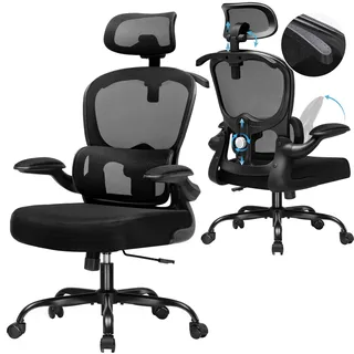 COMHOMA Bürostuhl Ergonomisch, Schreibtischstuhl mit 3D Kopfstütze Lendenwirbelstütze, Integriertes Kleiderhaken-Design, Abklappbare Armlehne, 150kg - Schwarz