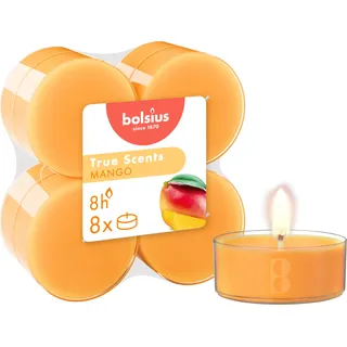 Bolsius True Scents – 8 Teelichter Maxi Duft – Mango – Lange Brenndauer von 8 Stunden – Kerze für den Innenbereich – Natürliche Extrakte – Veganes Wachs – Ohne Palmöl